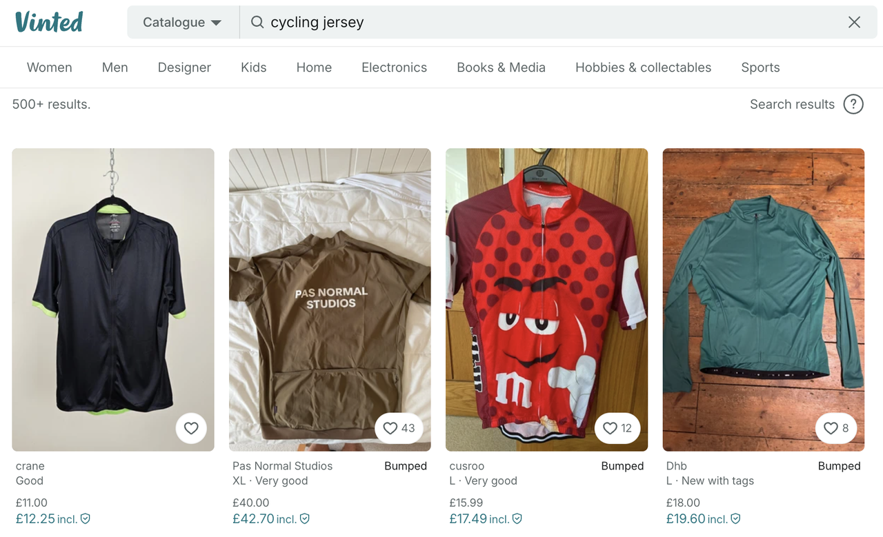 Screenshot of cycling clothing listings on Vinted