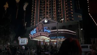 Biff Tannen's Pleasure Paradise shown at night in Back To The Future Part II.