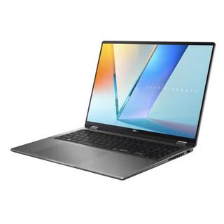 The Asus Vivobook 16 Flip 2-in-1 laptop open-facing, against a white background.