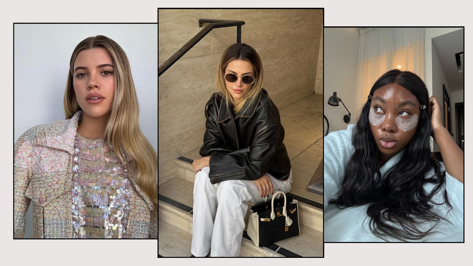 A collage of woman wearing the biggest winter hair trends of 2025, including a woman with dark brunette hair, a woman with contrasting roots and Sofia Grainge with warm blonde hair