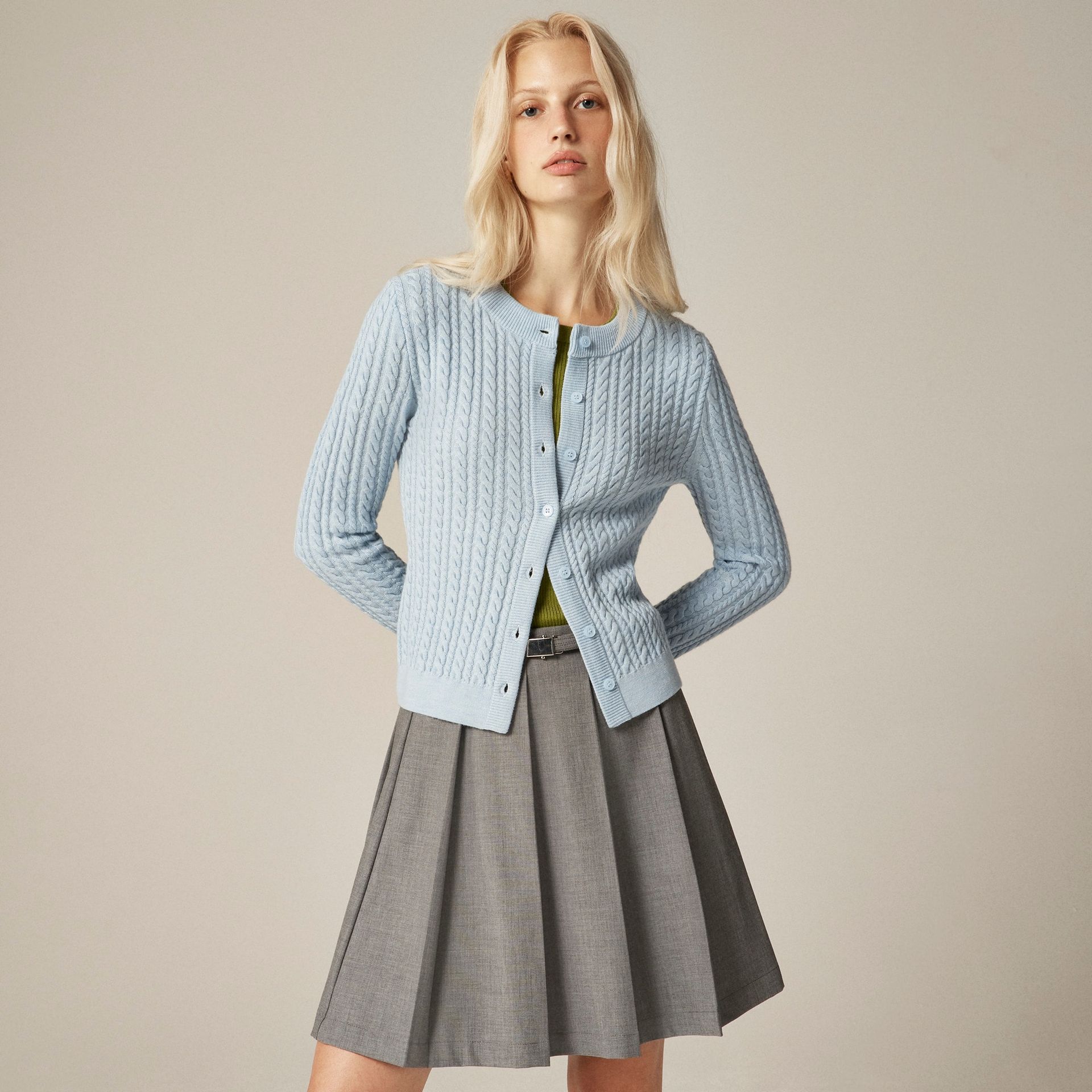 Cable-Knit Crewneck Cardigan in Merino Wool
