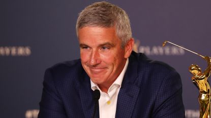 Jay Monahan speaks to the media at the 2019 Players Championship