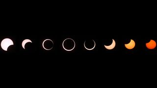 eight stages of an annular solar eclipse showing the moon taking a larger and larger "bite" out of the sun with the "ring of fire" in the center. The sun turn's progressively more red throughout the images.