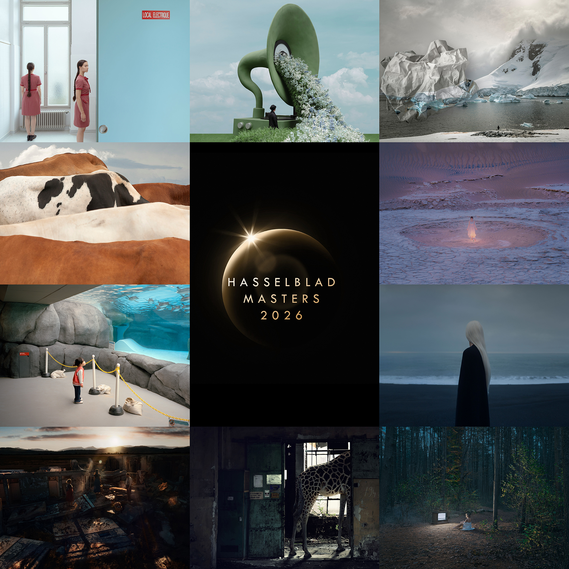 Grid of nine surreal and dreamlike images includes abstract scenes, animals, and landscapes. Center includes "Hasselblad Masters 2026" text
