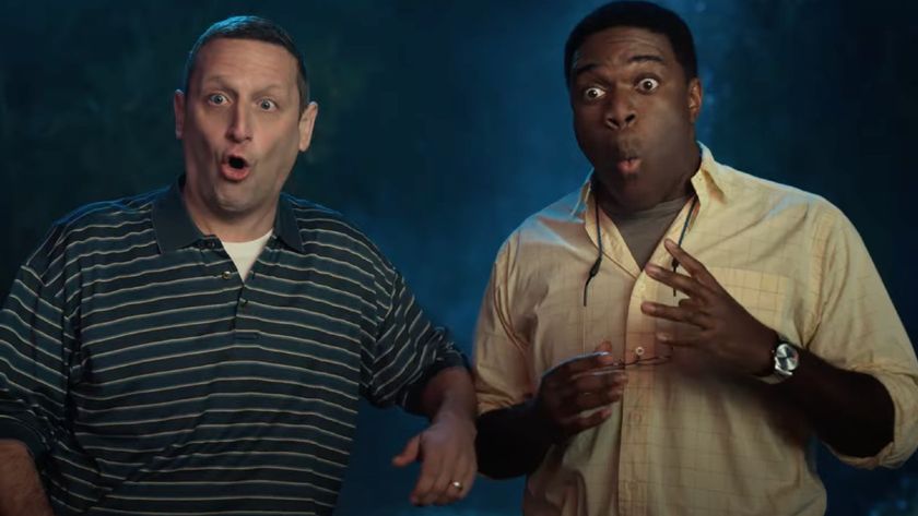 Tim Robinson and Sam Richardson react in shock when an alien dies. 