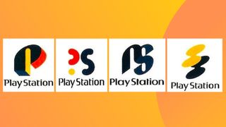 A variety of original PlayStation logo designs on an orange background