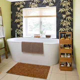oriental styled bathroom with bamboo feature wall