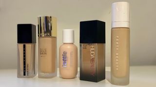a range of matte foundations from different brands lined up against a plain white background