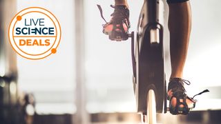 A Live Science deal logo and a close-up picture of a man in cycling shoes on an exercise bike