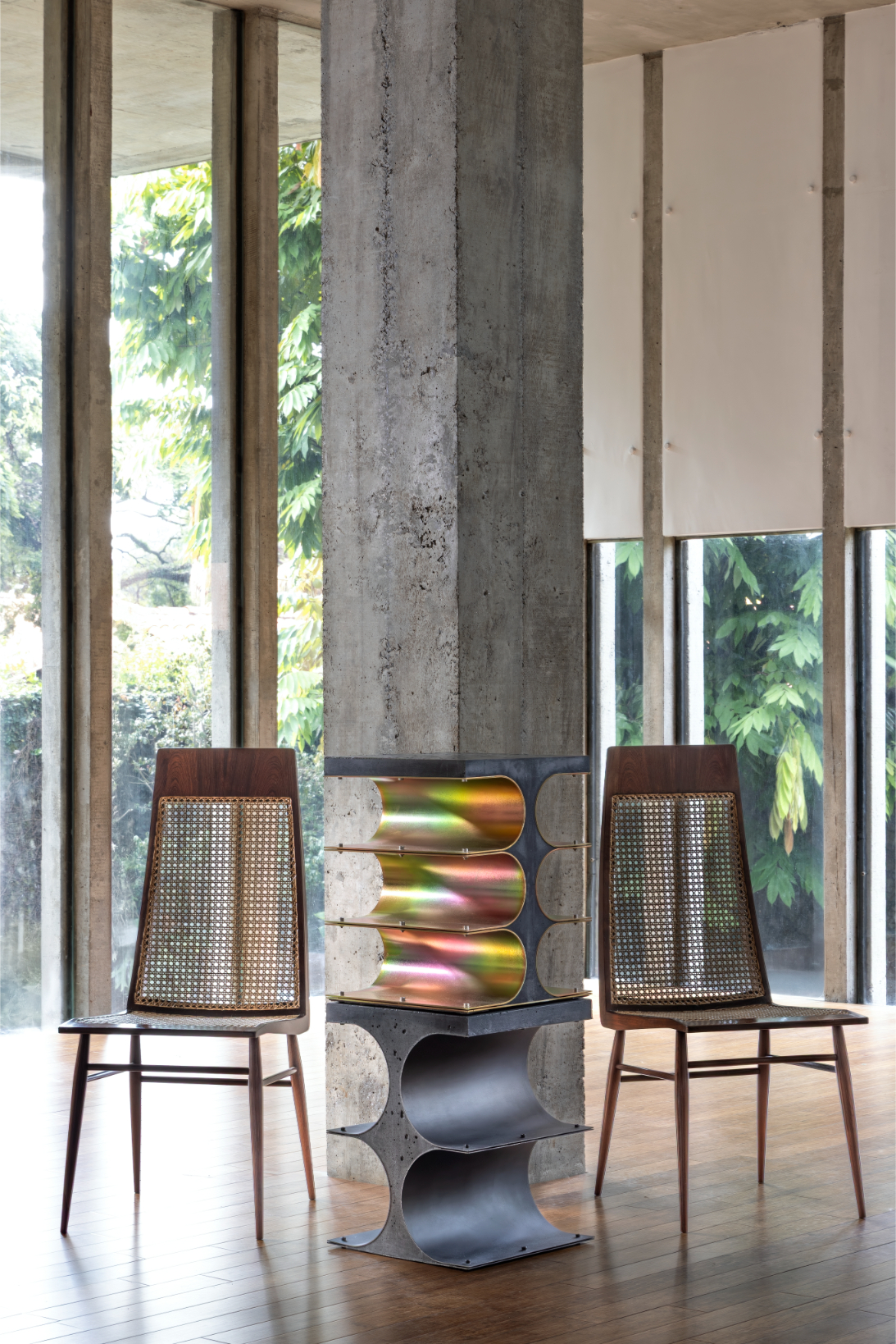Modernist Brazilian furniture in brutalist house interior