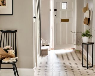 Roost episode 2 - black and white tiling in hallway - Amtico KeyStone-Mirabelle-DC30