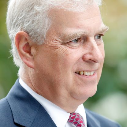 Ex-Prince Andrew wears a navy suit with a white shirt and a red patterned tie and smiles, he has white gray hair