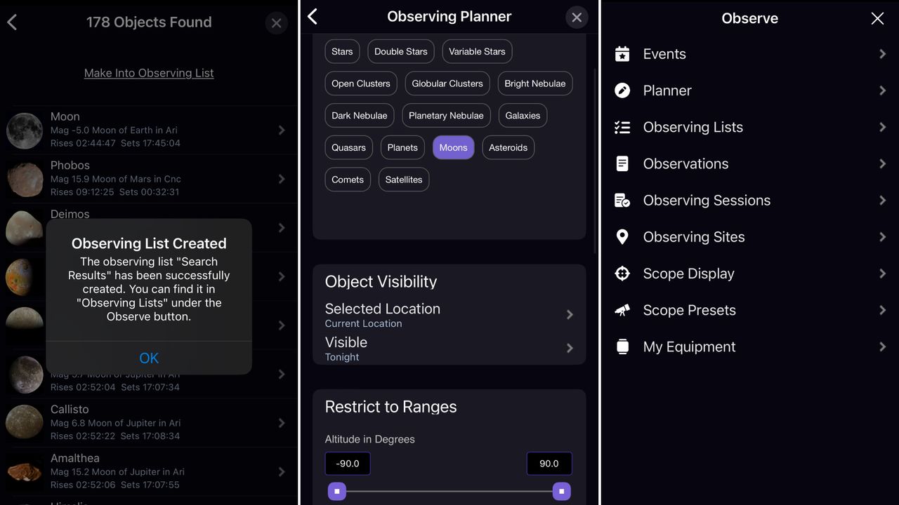 The Observing Planner screen giving options to select different types of space object to track.