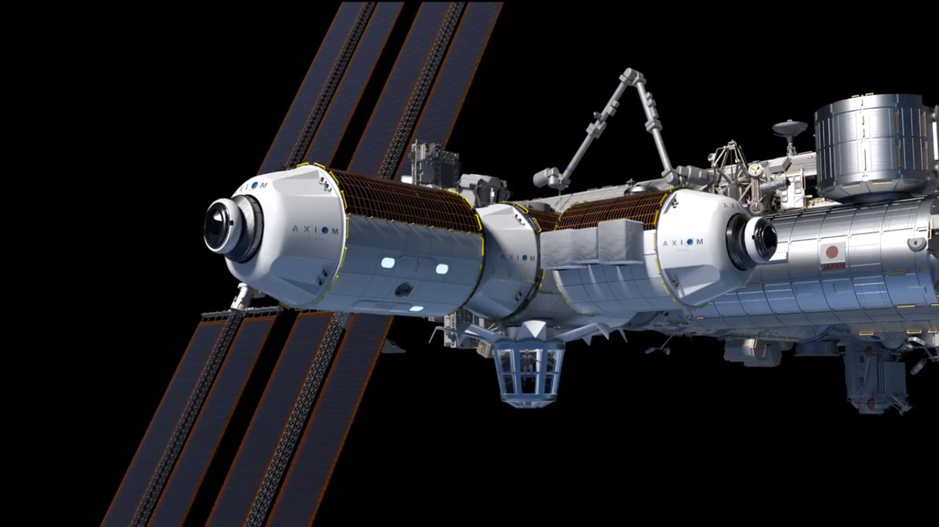 La société Axiom Space prend des réservations pour des voyages touristiques spatiaux dans un habitat privé de la Station spatiale internationale (montré ici dans une vue d'artiste).  Mais ce n'est pas bon marché : le voyage coûte 55 millions de dollars.