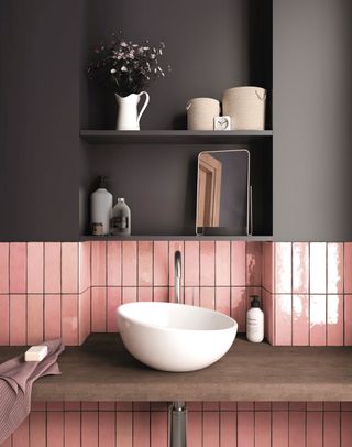 bathroom with dark scheme and pink metro tiles by tile flair