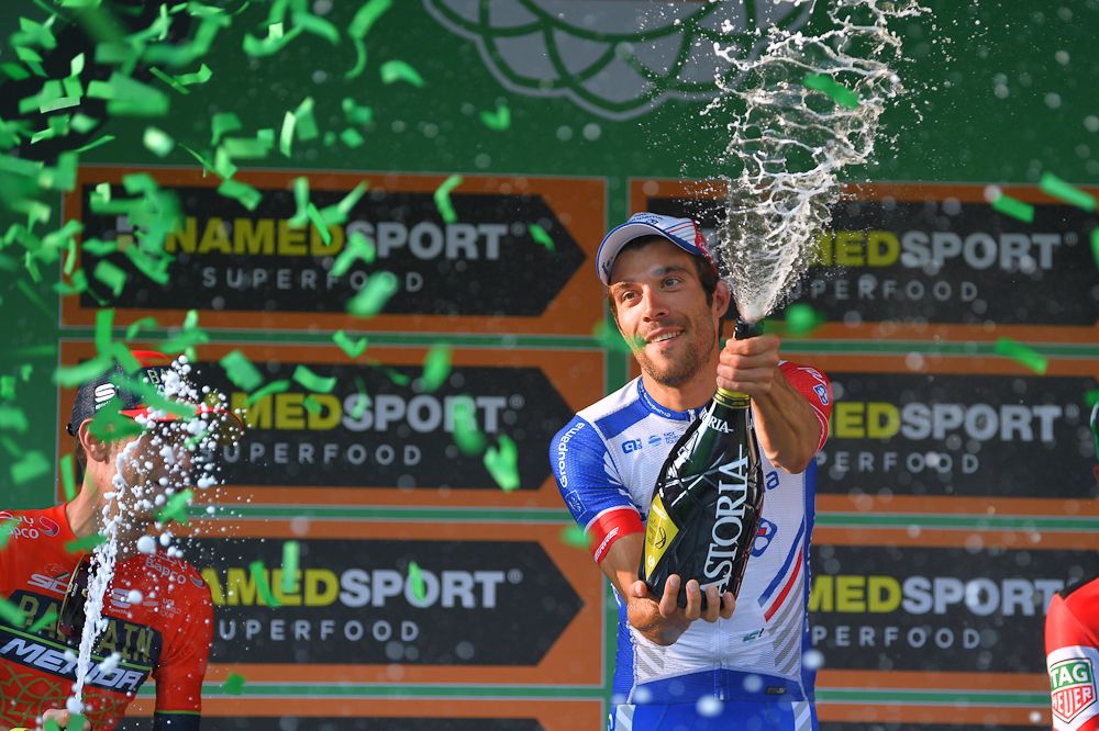 Thibaut Pinot celebrates his Il Lombardia win