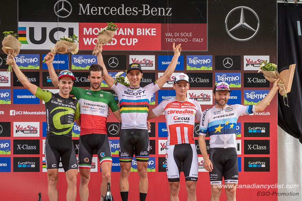 (l-r) - Henrique Avancini, Gerhard Kerschbaumer, Nino Schurter, Mathieu van der Poel, Florian Vogel