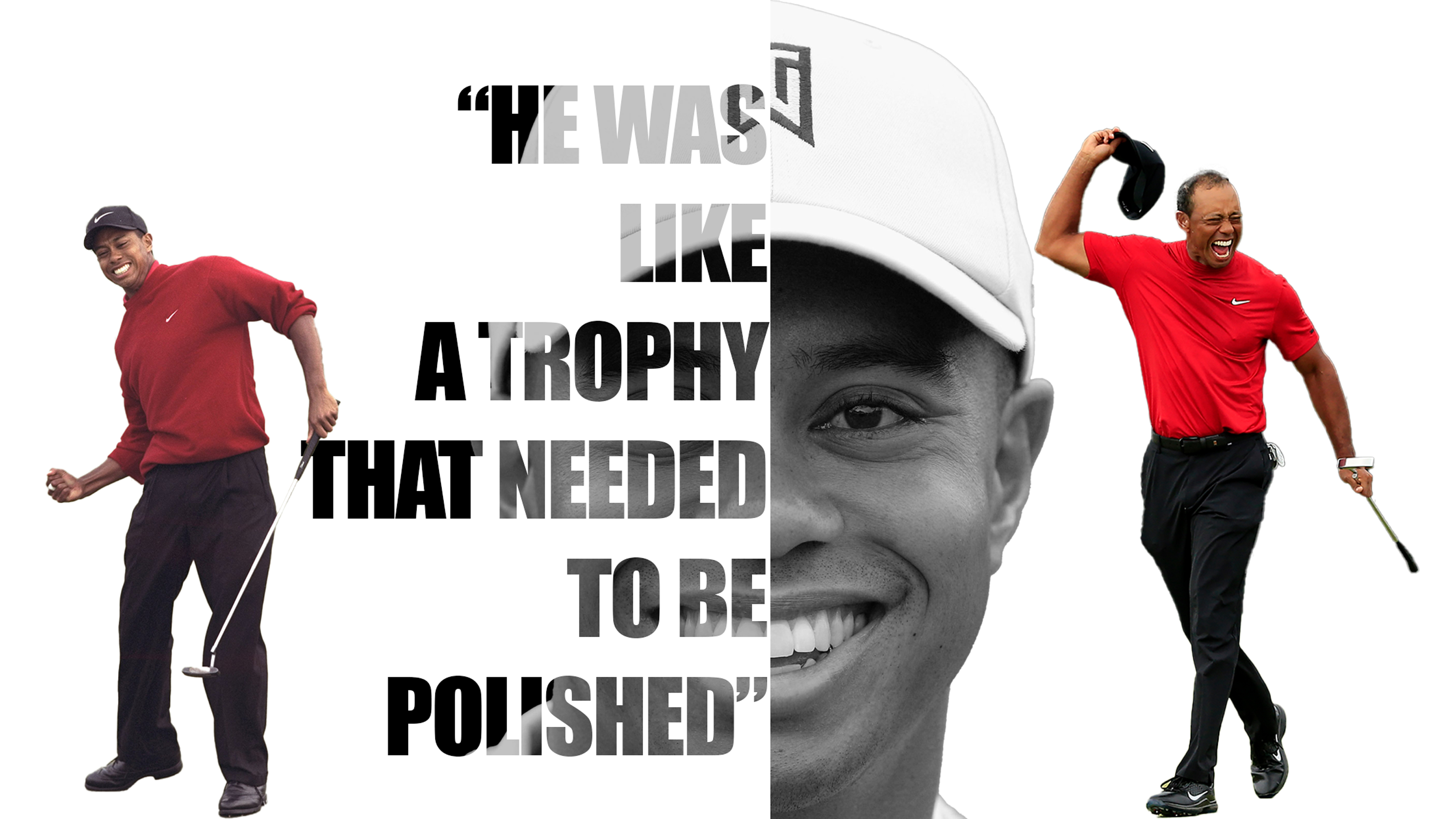 Tiger Woods with a quote of the day that reads "he was a trophy that needed to be polished" and two inset images of Tiger Woods in 1997 and 2019