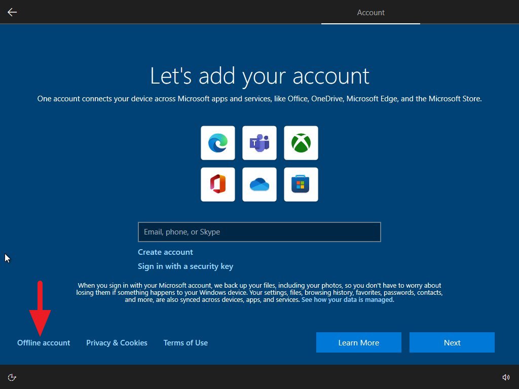 Windows 10 OOBE local account option