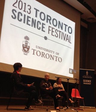 A panel at the Toronto Science Festival considered the issue of extraterrestrial intelligence. From left to right: Nora Young (moderator and journalist), Jill Tarter (retired SETI astronomer) and Shelly Wright (assistant astronomy professor at the University of Toronto.)