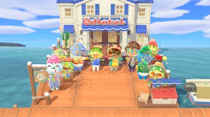 Some of the village gathers around with Tom Nook and Kapp'n's family in Animal Crossing: New Horizons for Nintendo Switch 2 celebrate the Resort Hotel opening