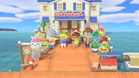 Some of the village gathers around with Tom Nook and Kapp'n's family in Animal Crossing: New Horizons for Nintendo Switch 2 celebrate the Resort Hotel opening