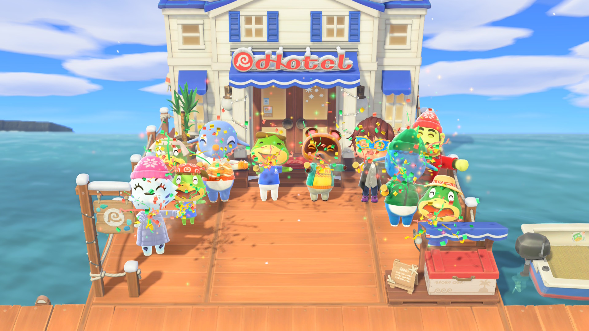 Some of the village gathers around with Tom Nook and Kapp'n's family in Animal Crossing: New Horizons for Nintendo Switch 2 celebrate the Resort Hotel opening