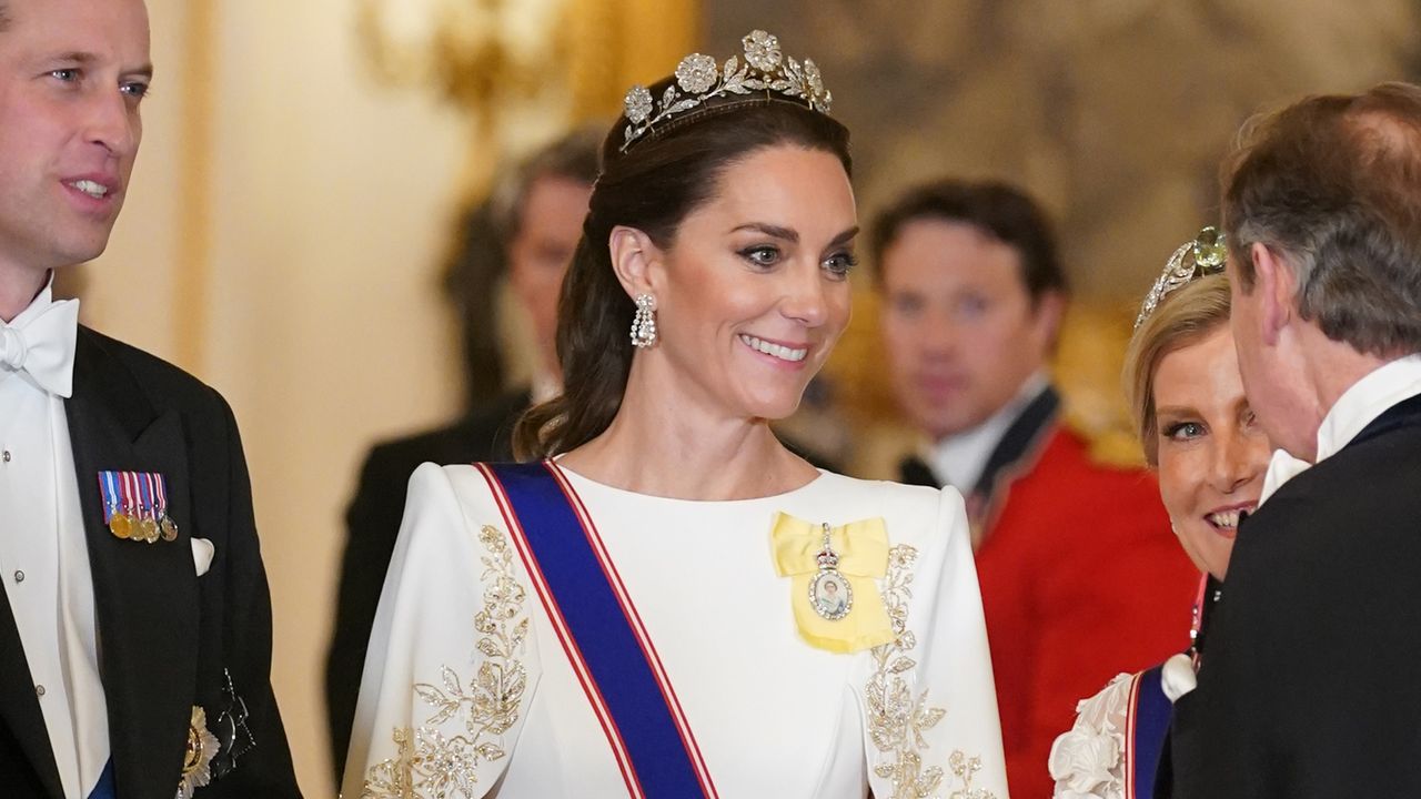 Kate Middleton&#039;s State Banquet look including the Strathmore Rose Tiara seen at Buckingham Palace on November 21