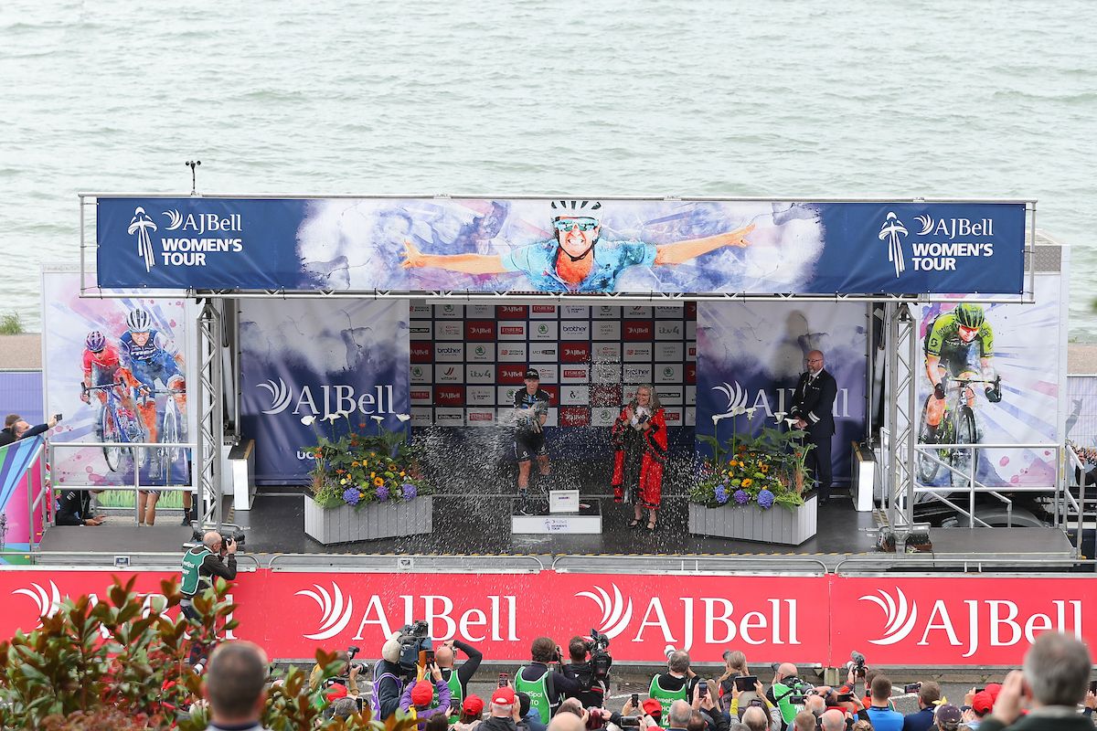 Picture by Alex Whitehead/SWpix.com - 07/10/2021 - Cycling - AJ Bell Women's Tour of Britain - Stage Four: Shoeburyness to Clacton-on-Sea, England - Lorena Wiebes of team DSM on the podium after her victory in stage 4