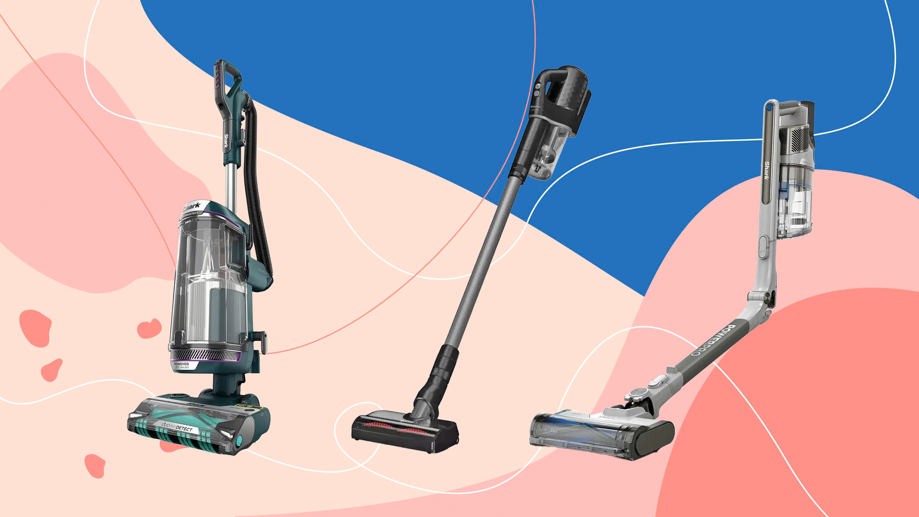 a shark upright, miele stick and shark stick vacuum on a pink and blue background