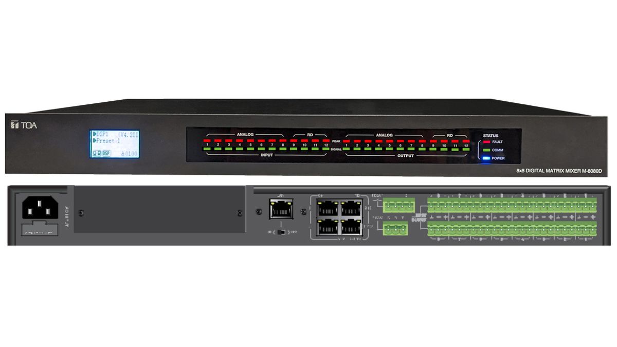 The front and rear of the new M-8080D-AM Digital Mixer Series from TOA Electronics. 