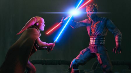 Gideon Adlon's Devon Izara and Sam Witwer's Maul clashing lightsaber blades in Maul &ndash;&nbsp;Shadow Lord