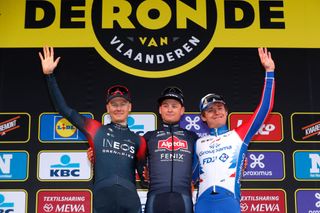 The 2022 Tour of Flanders podium (l-r): Dylan van Baarle, Mathieu van der Poel and Valentin Madouas