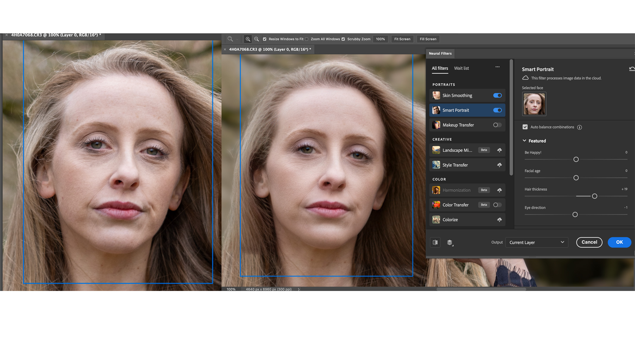 Portrait image being edited with neural filters in adobe photoshop
