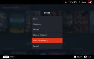 Switching to Desktop Mode from the Steam Deck power menu