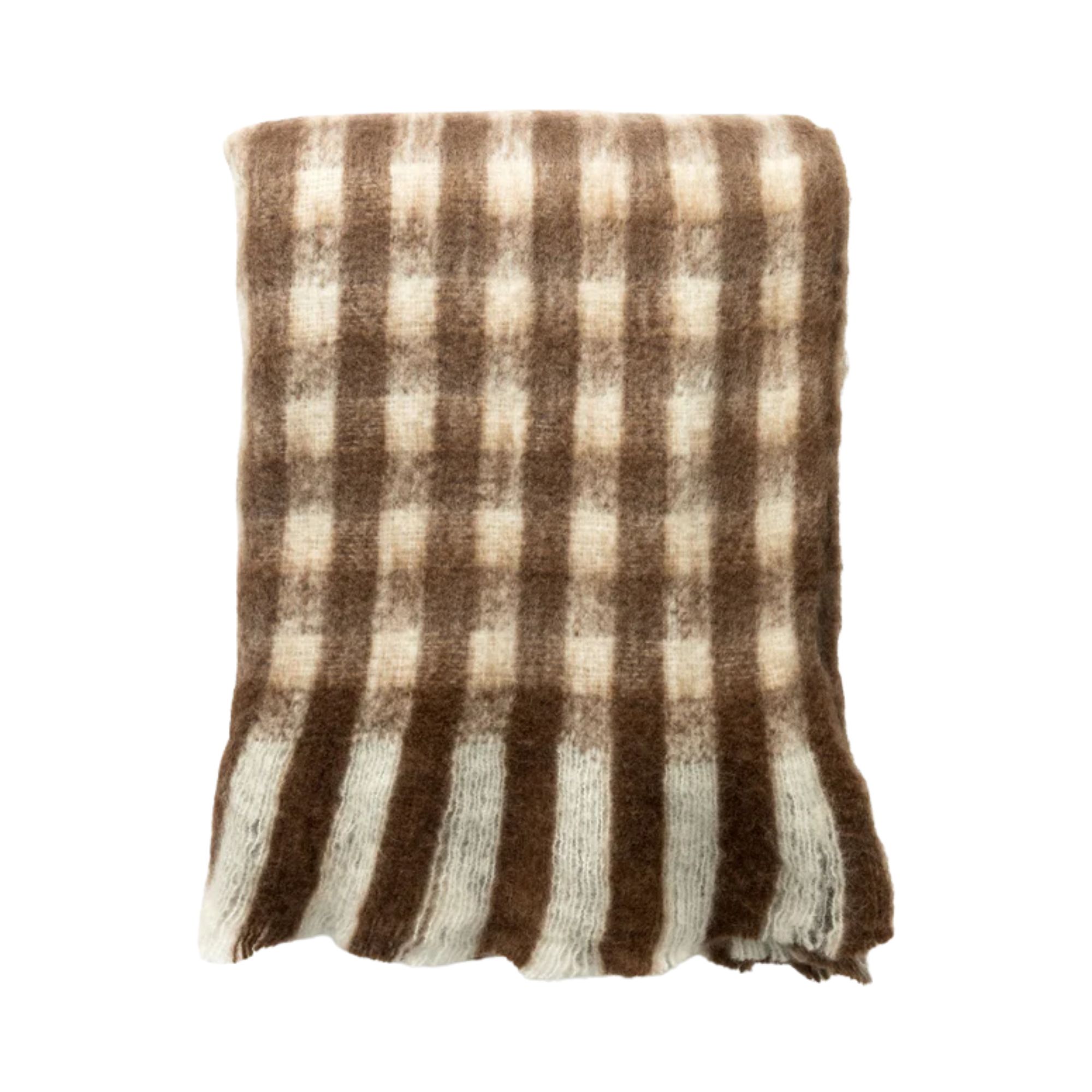 a white and brown checkered blanket