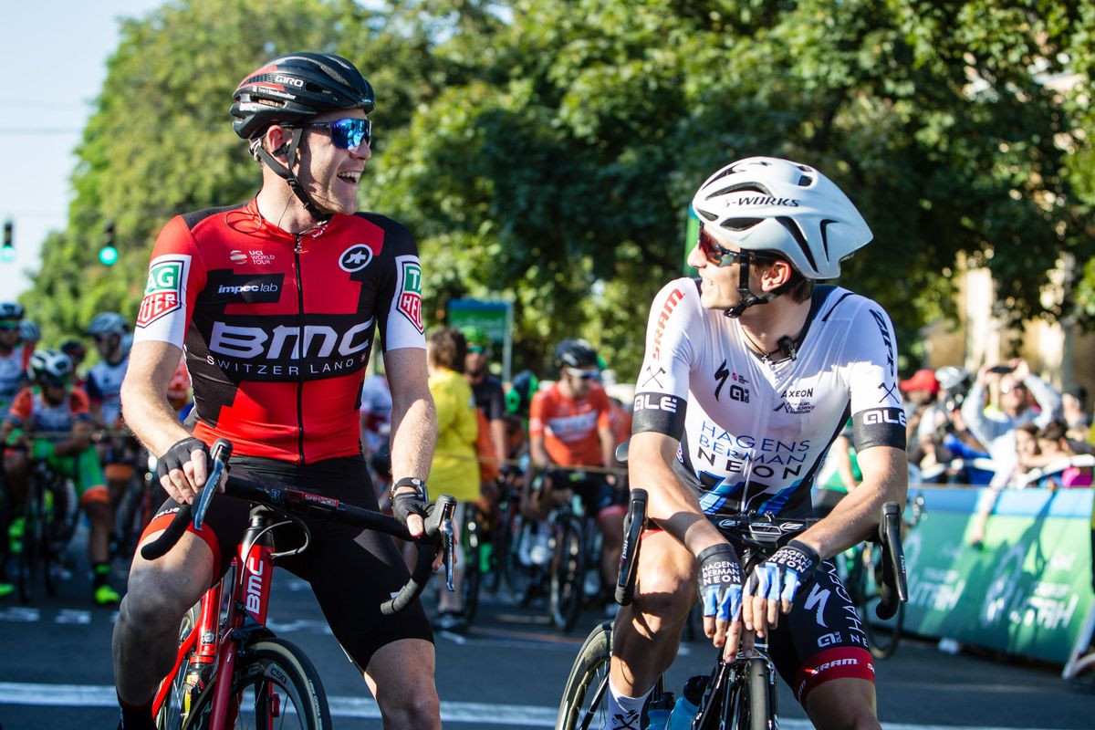 BMC's Brent Bookwalter chats on the start line