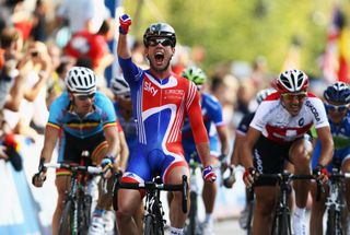Mark Cavendish of Great Britain celebrates after winning the Men's Elite Road Race during day seven of the UCI Road World Championships on September 25, 2011 in Copenhagen, Denmark