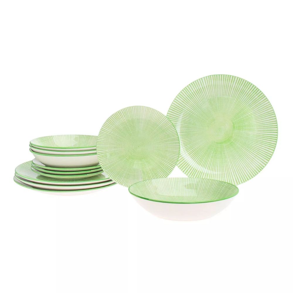 Lime green dinnerware set with narrow white stripe