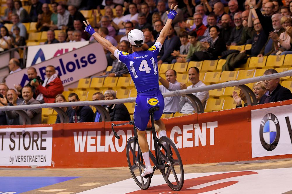 Iljo Keisse celebrates the opening win at the Gent Six day
