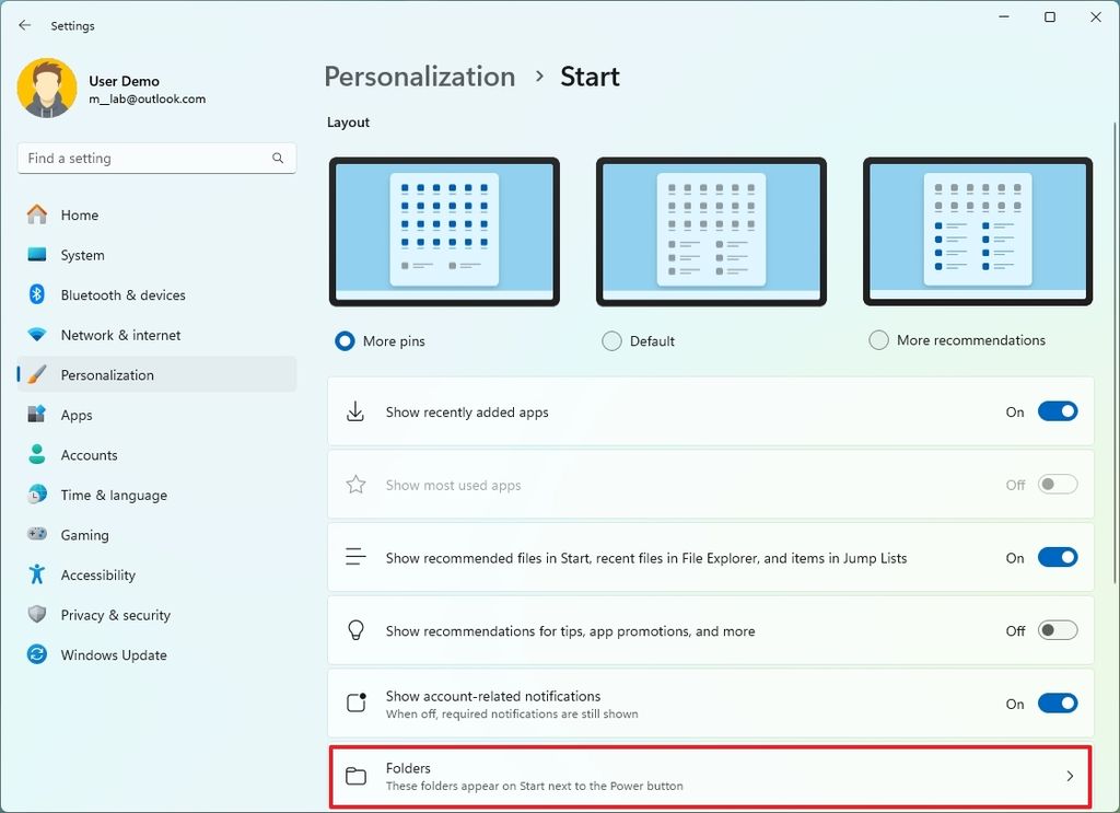 Start Folders settings