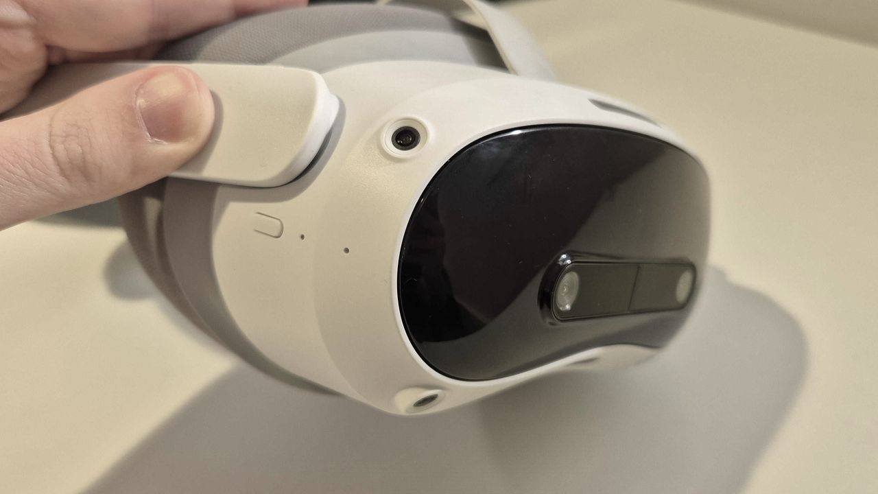 Pico 4 Ultra's front cameras are prominent as it rests on a table