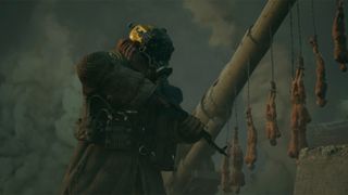 A player character with a gas mask