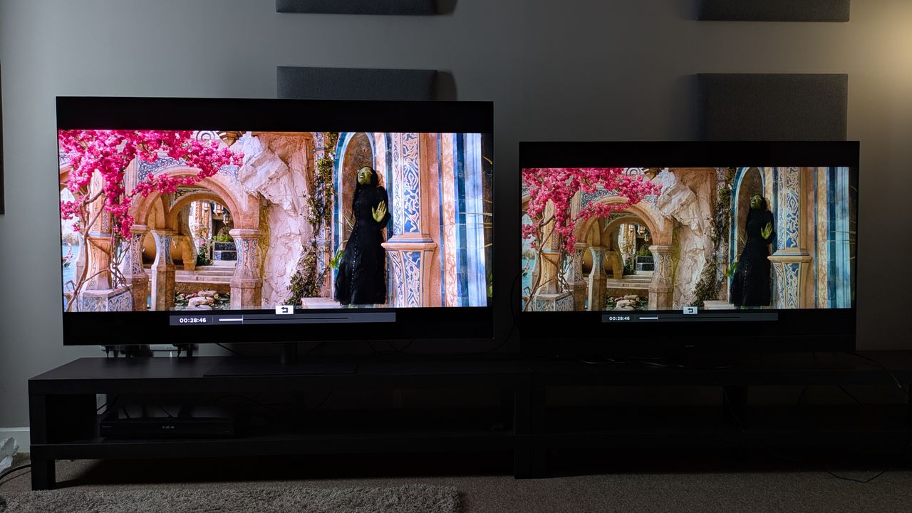 LG G5 with Dolby Vision Standard and Panasonic MZ1500 with Dolby Vision Dark both showing same scene from Wicked