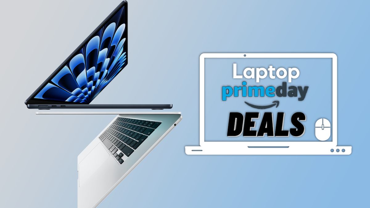 Apple MacBook Air M3 shown in black and silver color schemes with Laptop Mag Amazon Prime Day deals badge