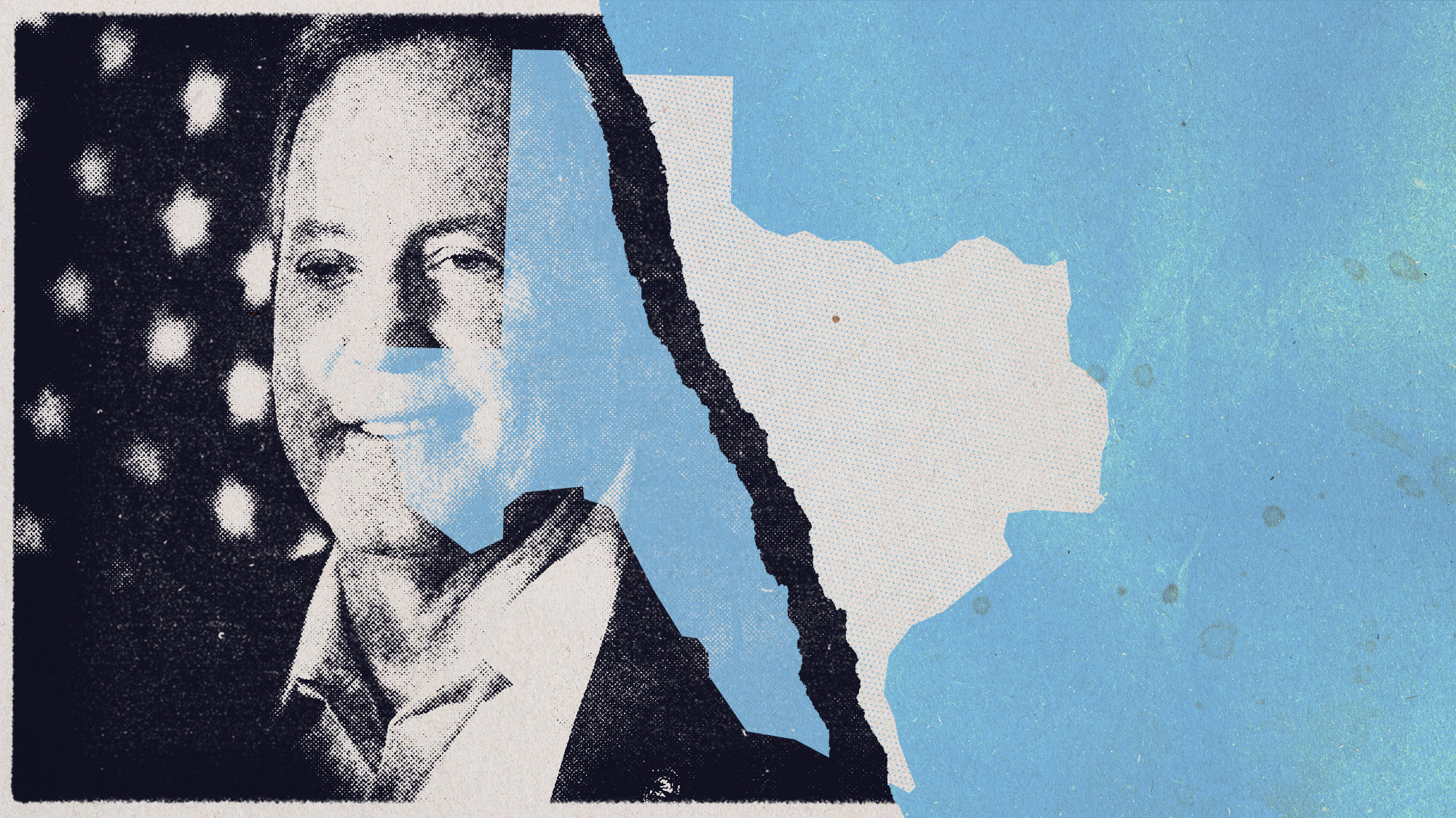 Photo collage of Ken Paxton and the outline of Texas, split in half