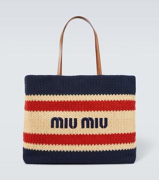 Logo Woven Leather-Trimmed Tote Bag