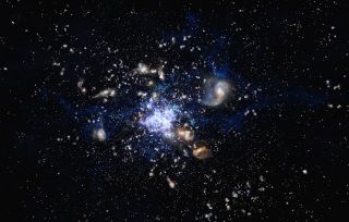 Artist's impression of a protocluster of galaxies forming in the early universe.