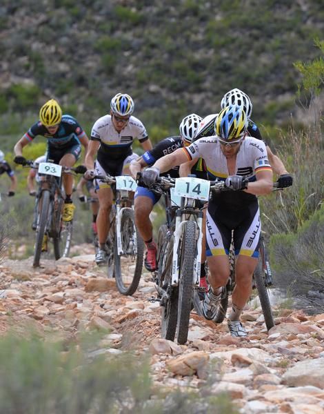 Germany's Karl Platt of Team Bulls succumbs to a loose, rocky climb during the Attakwas Extreme marathon on Saturday.