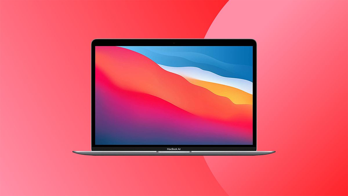 The Apple MacBook Air (M1, 2020) on a gradated red background. 